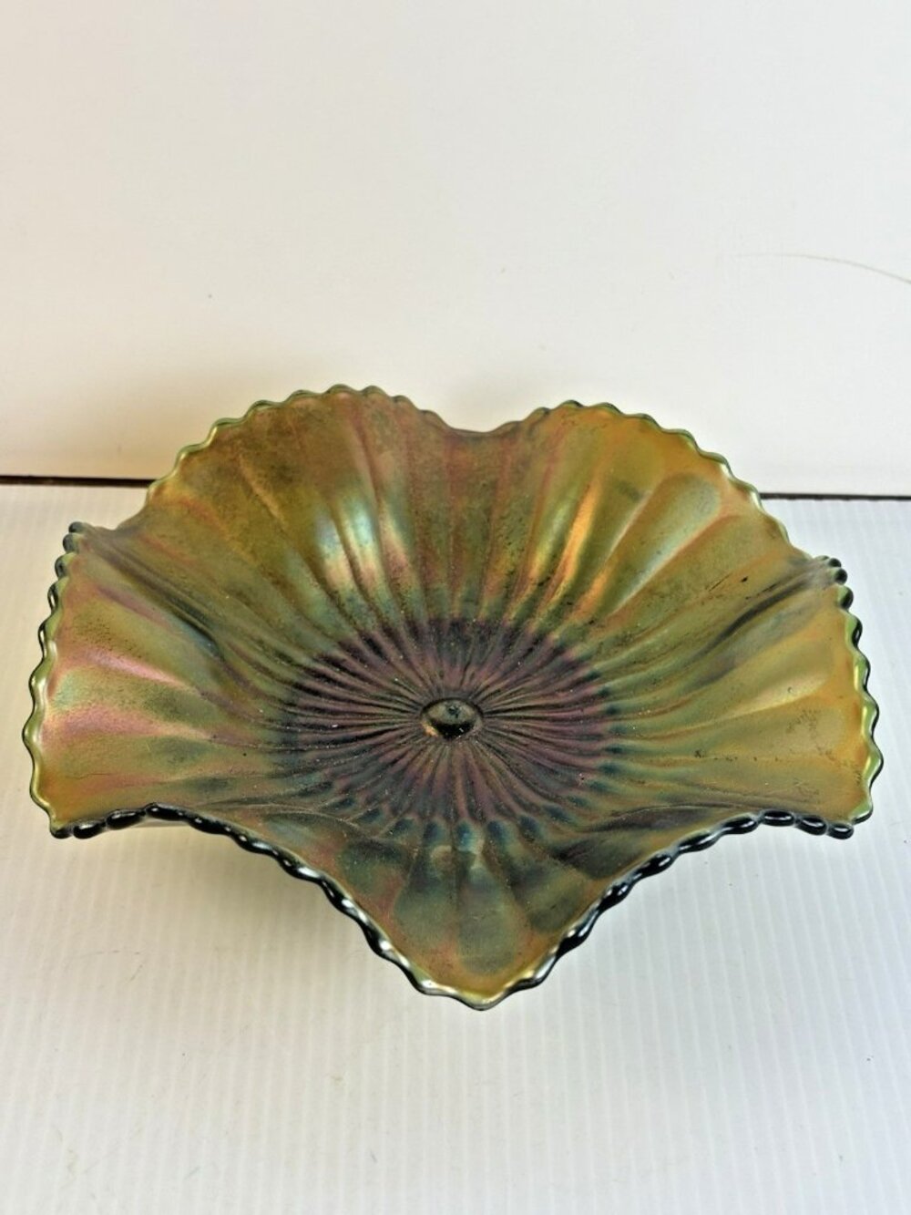 Antique Fenton Green Carnival Glass Stippled Rays 7" Ruffled Edge Dish 1910s